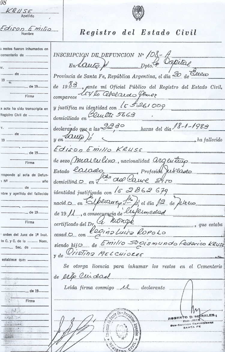 Acta de Defuncin de Edison Emilio Kruse