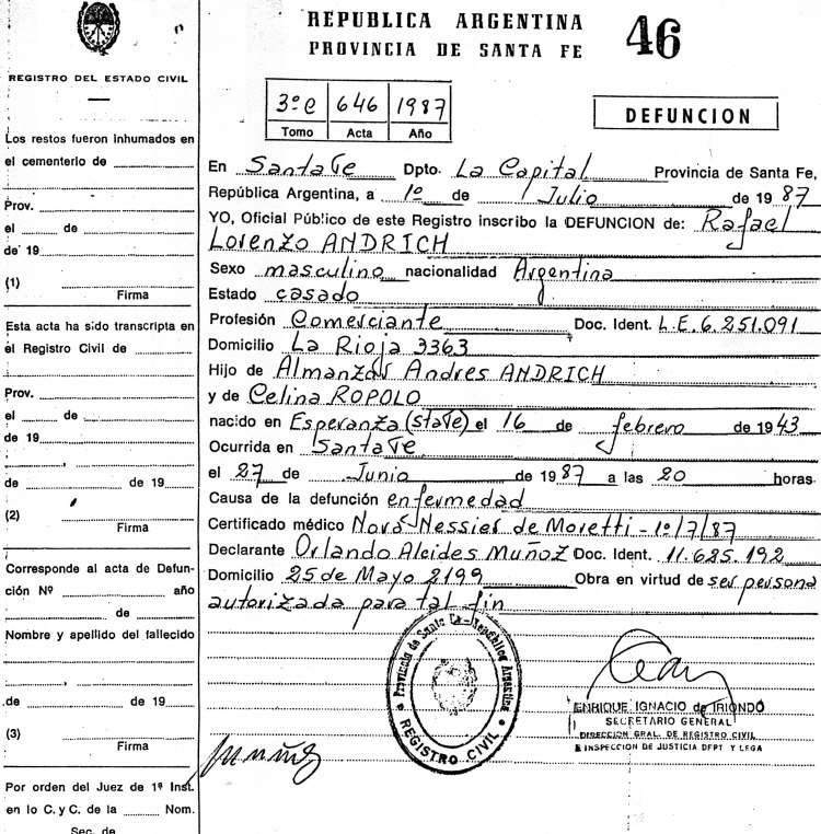 Acta de defuncin de Rafael Lorenzo Andrich