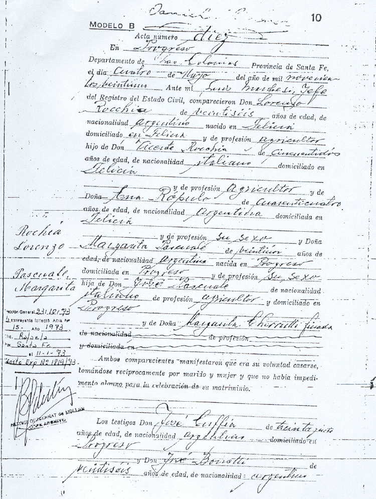 Acta de Matrimonio de Lorenzo Rocchia