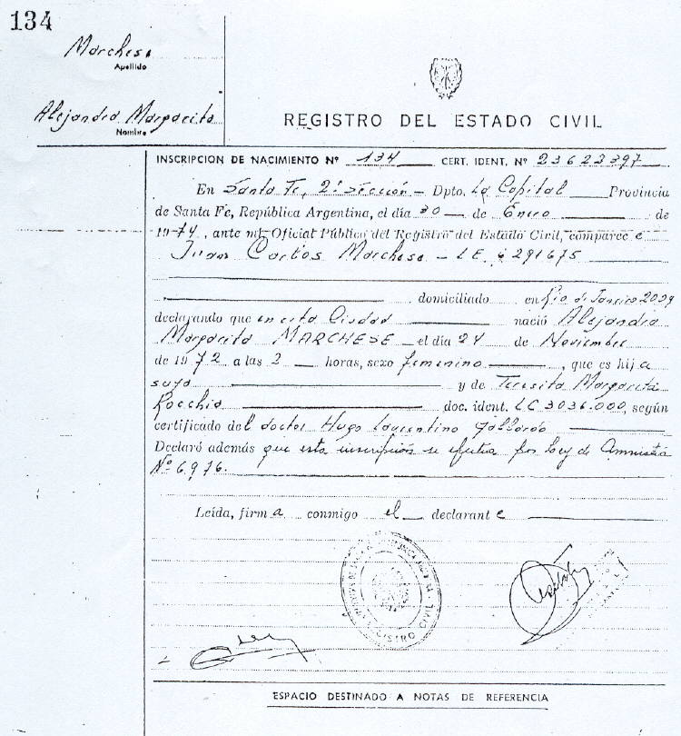 Acta de Nacimiento de Alejandra Margarita Marchese