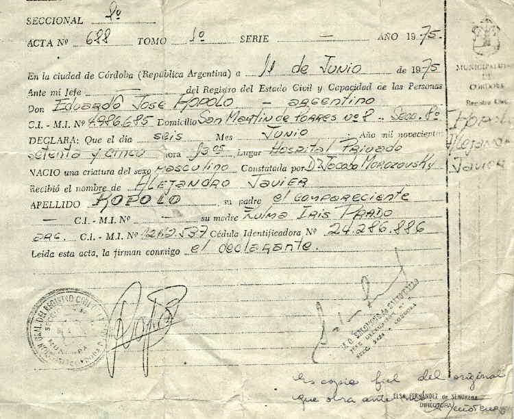 Acta de Nacimiento de Alejandro Javier Ropolo