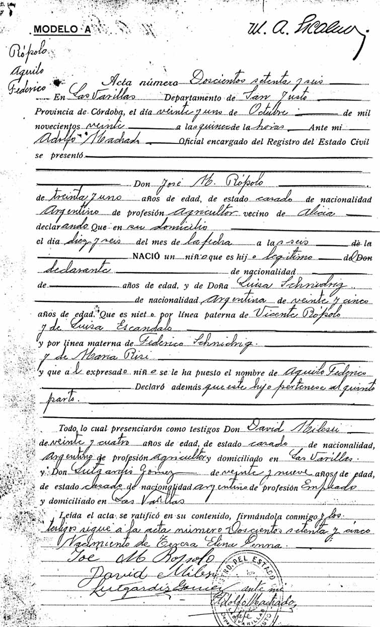 Acta de Nacimiento de Aquilo Federico Ropolo