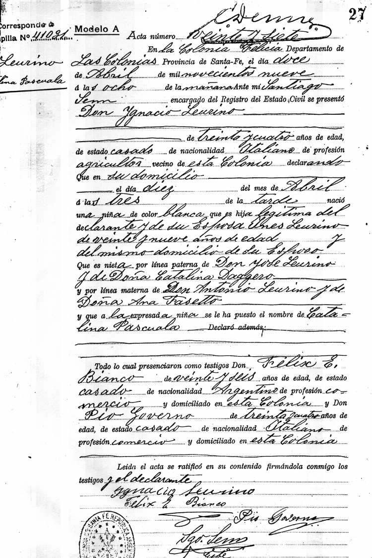 Acta de Nacimiento de Catalina Pascuala Leurino