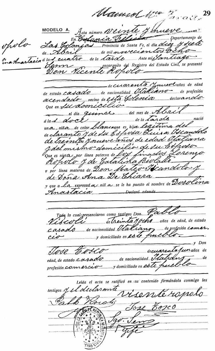 Acta de Nacimiento de Dosolina Anastacia Ropolo