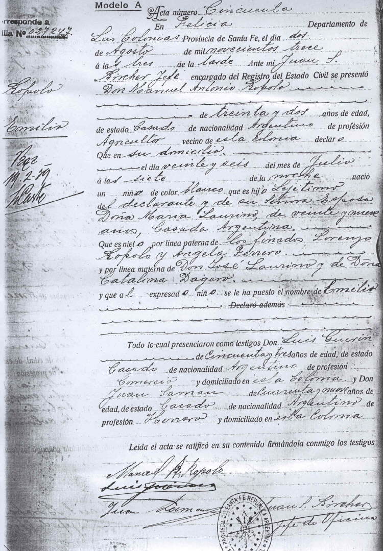 Acta de Nacimiento de Emilio Ropolo
