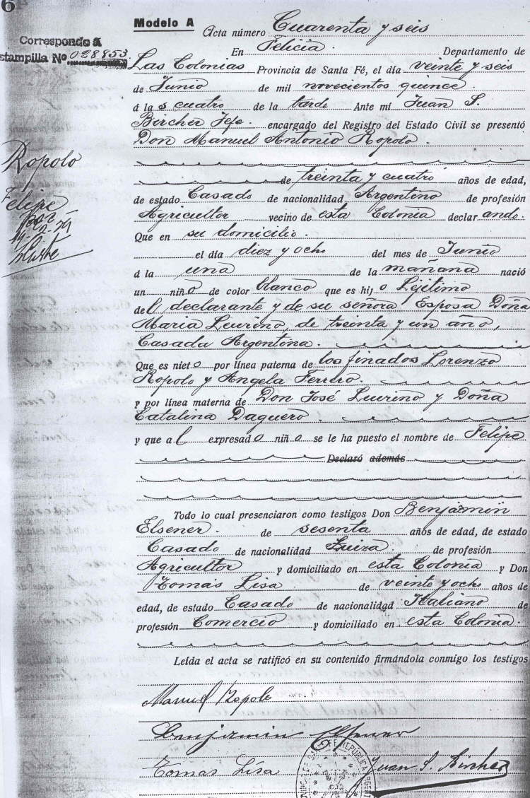 Acta de Nacimiento de Felipe Ropolo