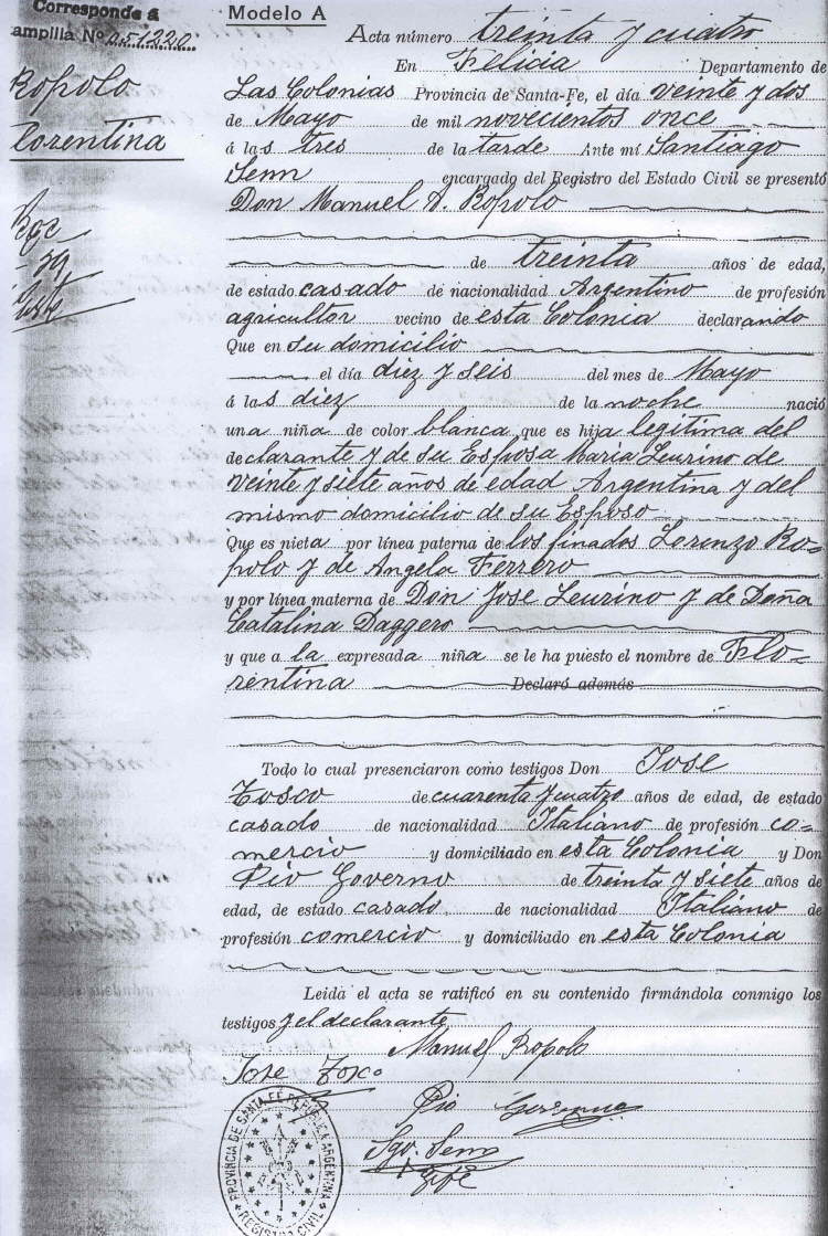 Acta de Nacimiento de Florentina Ropolo