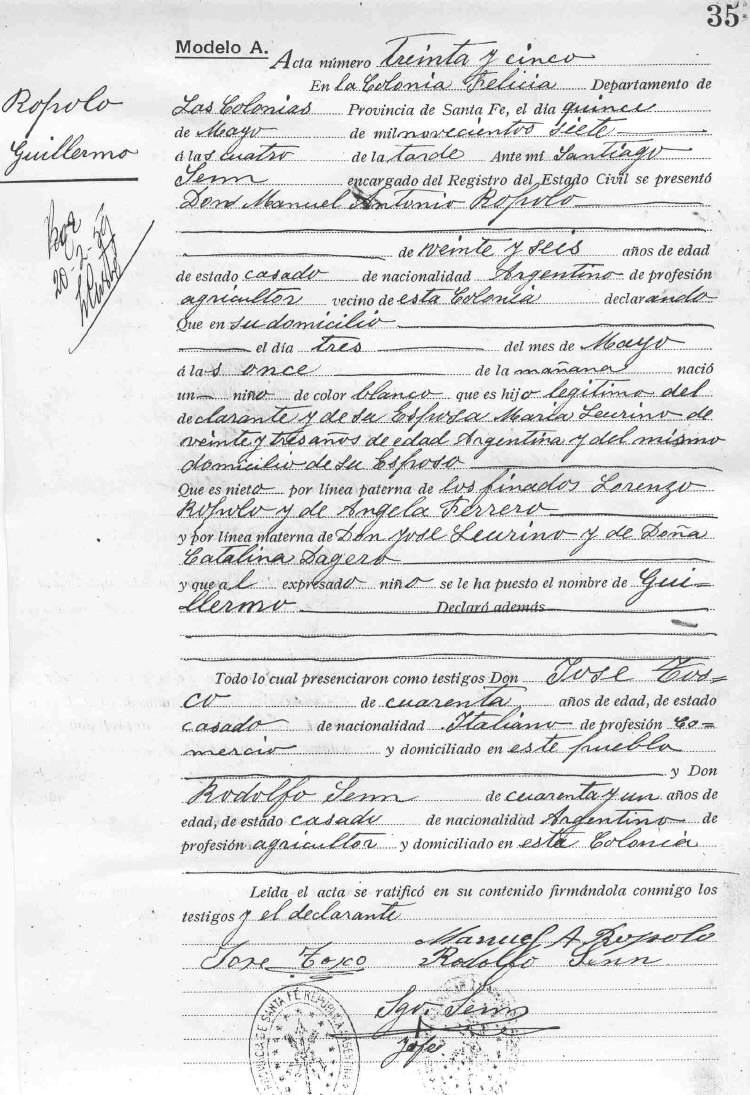 Acta de Nacimiento de Guillermo Ropolo