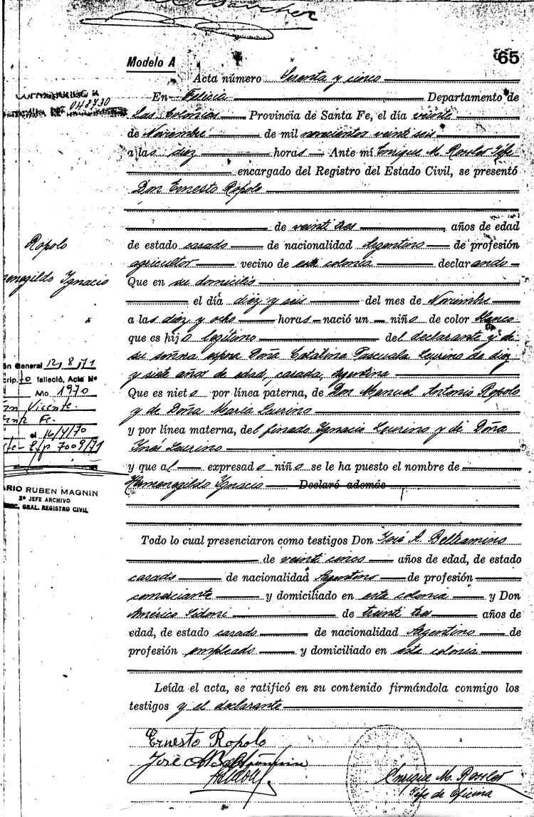 Acta de Nacimiento de Hermenegildo Ignacio Ropolo