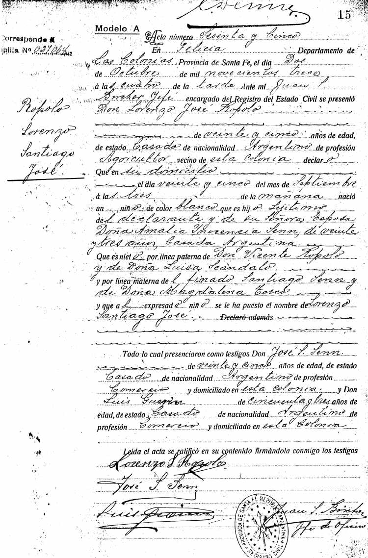 Acta de Nacimiento de Lorenzo Santiago Jos Ropolo