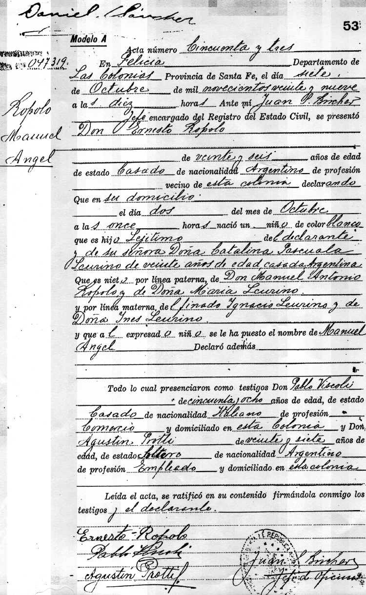 Acta de Nacimiento de Manuel Angel Ropolo