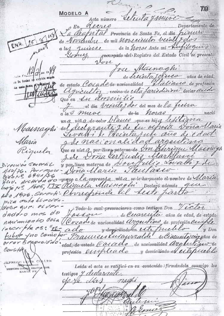 Acta de Nacimiento de Maria Riquela Masnaghi