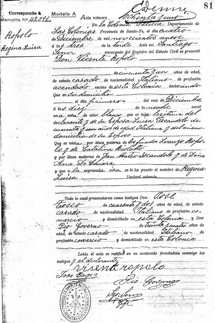 Acta de Nacimiento de Regina Luisa Ropolo