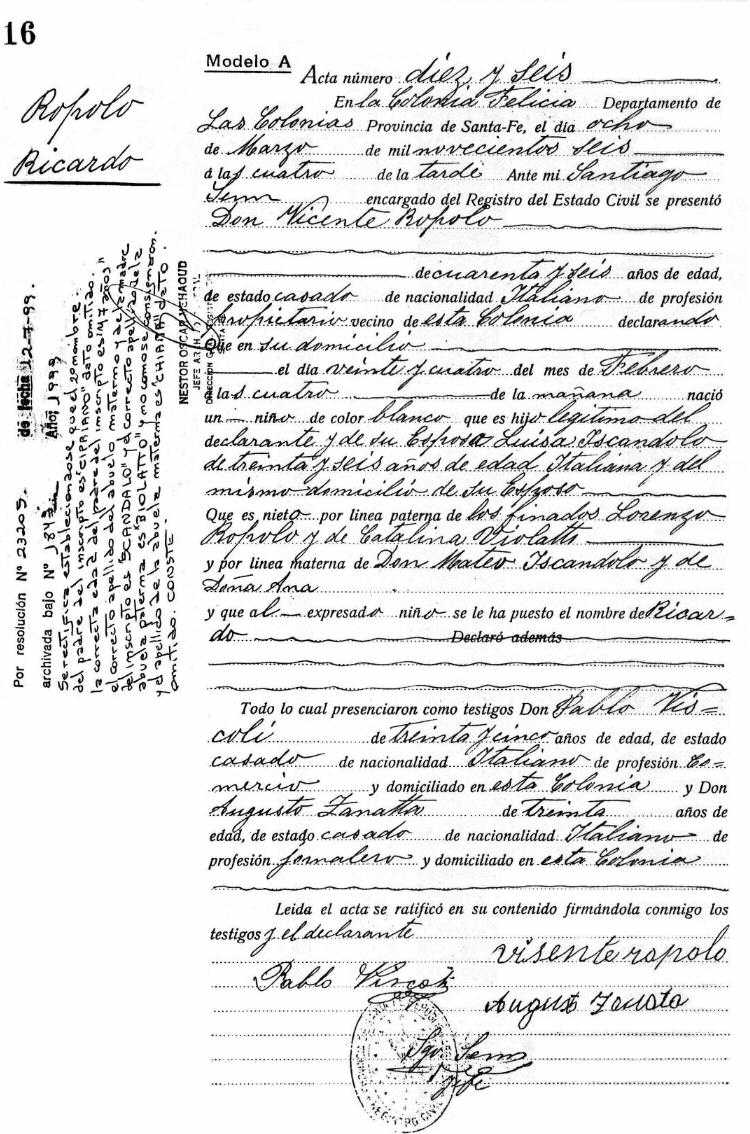Acta de Nacimiento de Ricardo Ropolo