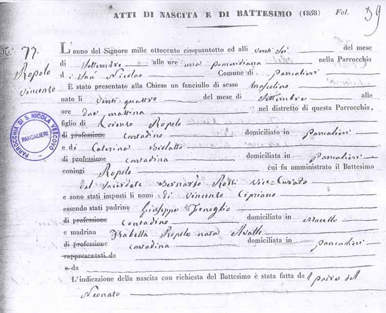 Acta de Nacimiento de Vicente Cipriano Ropolo