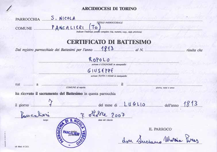 Certificado de Bautismo de Giuseppe Ropolo