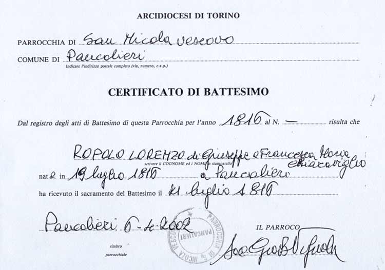 Certificado de Bautismo de Lorenzo Ropolo