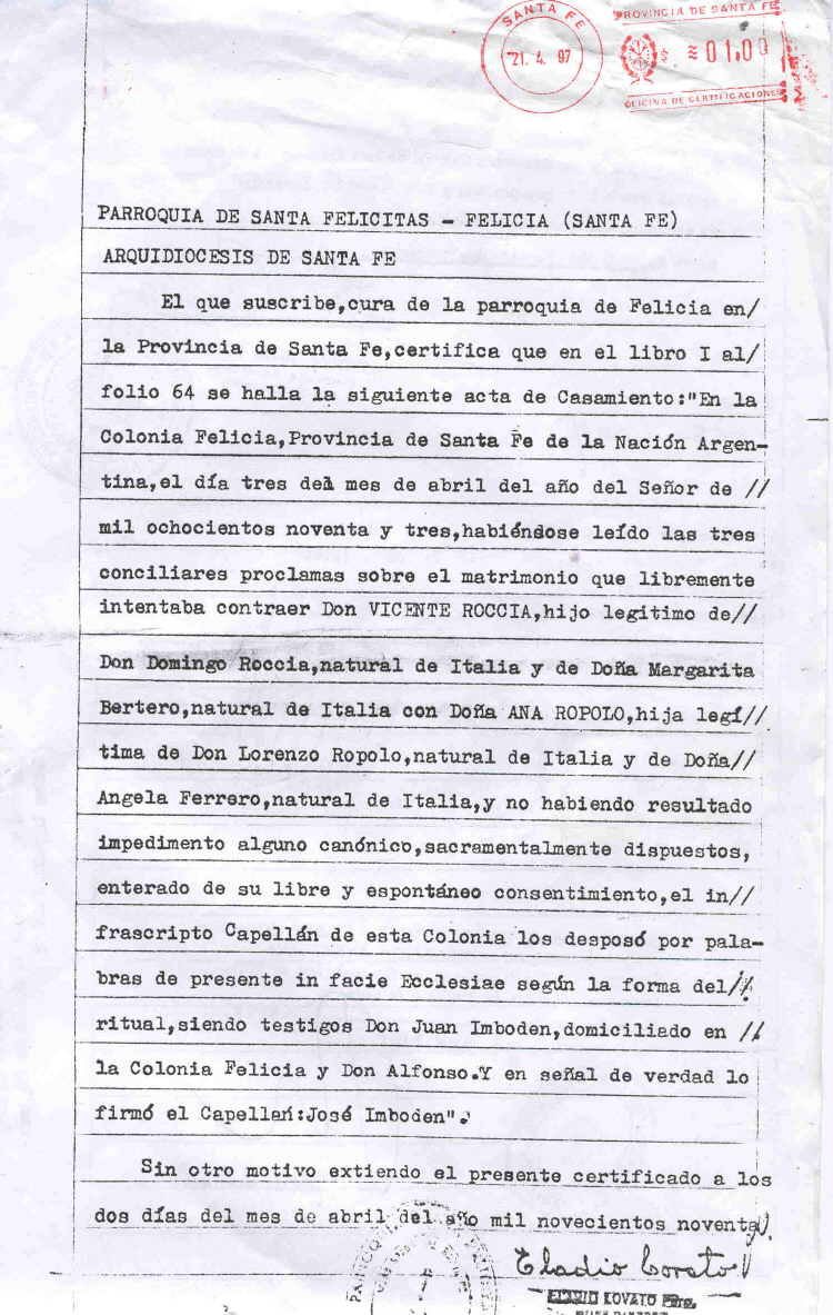 Certificado de Matrimonio de Ana Ropolo