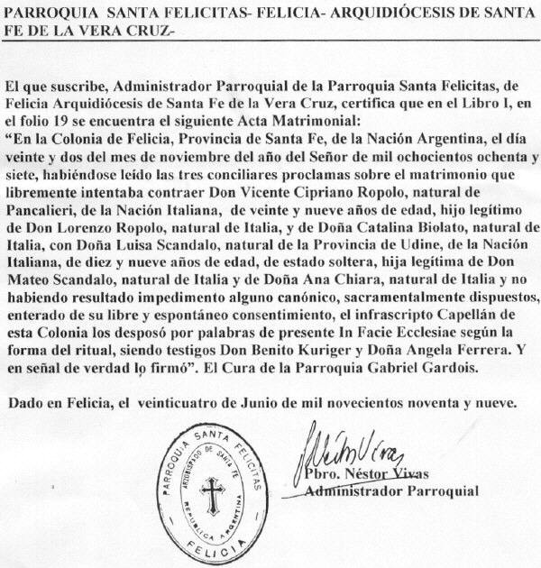 Certificado de Matrimonio de Vicente Cipriano Ropolo emitido en el ao 1999