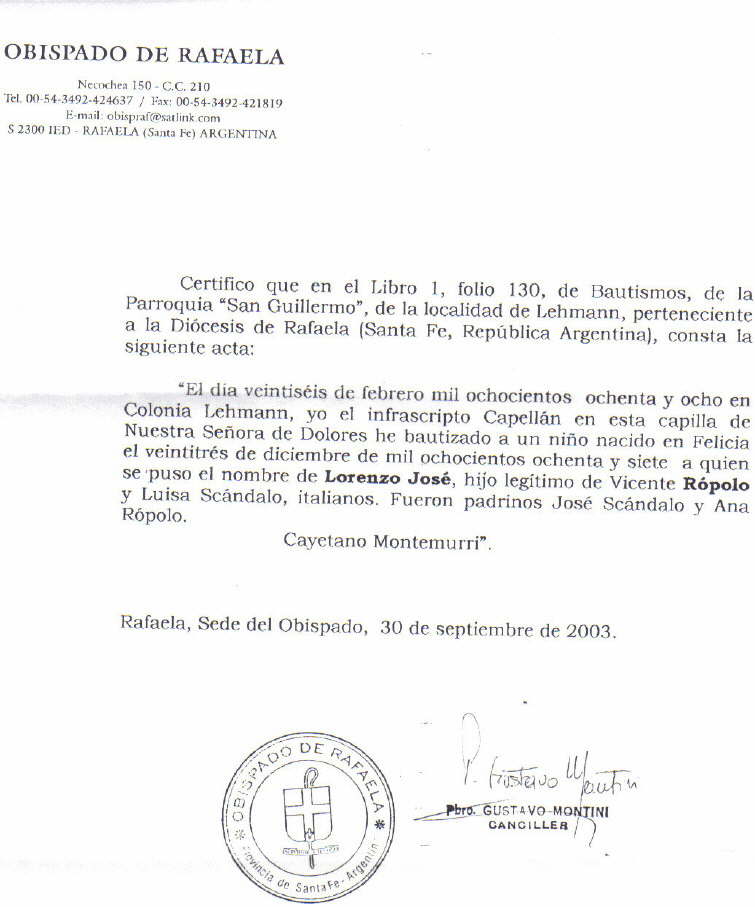 Certificado de Nacimiento de Lorenzo Jos Ropolo