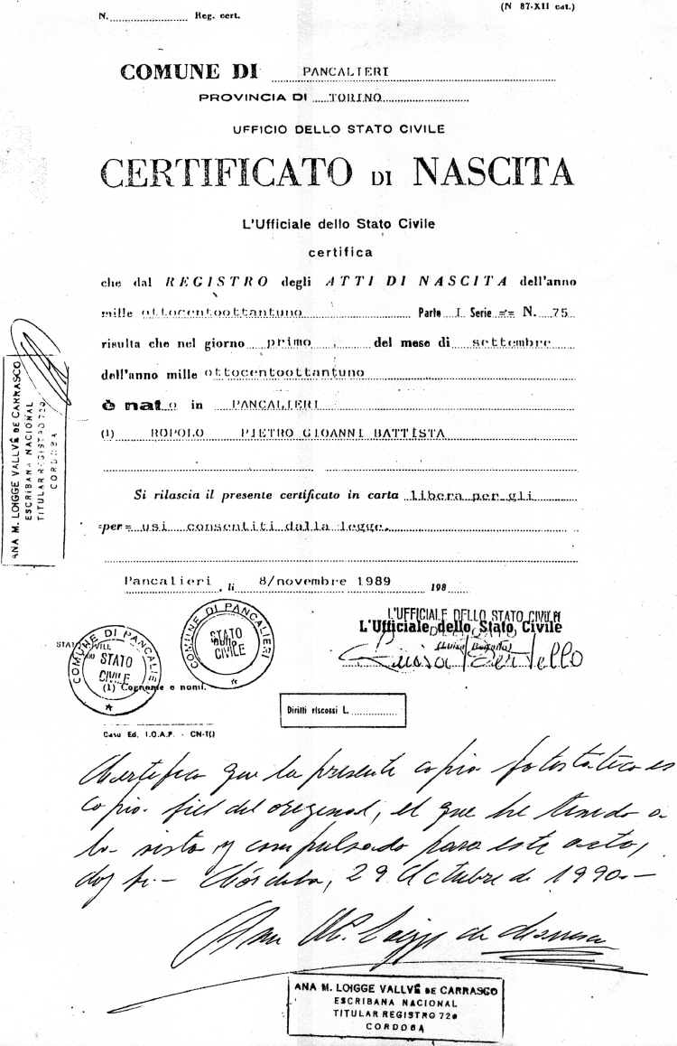 Certificado de Nacimiento de Pedro Ropolo