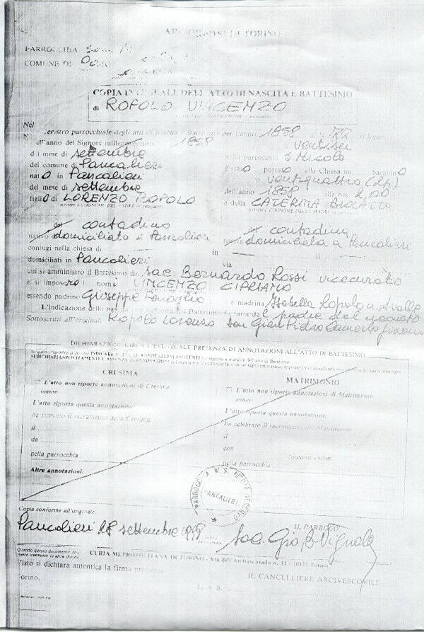 Certificado de Nacimiento de Vicente Cipriano Ropolo