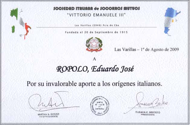 Diploma a Eduardo Jos Ropolo (ao 2009)