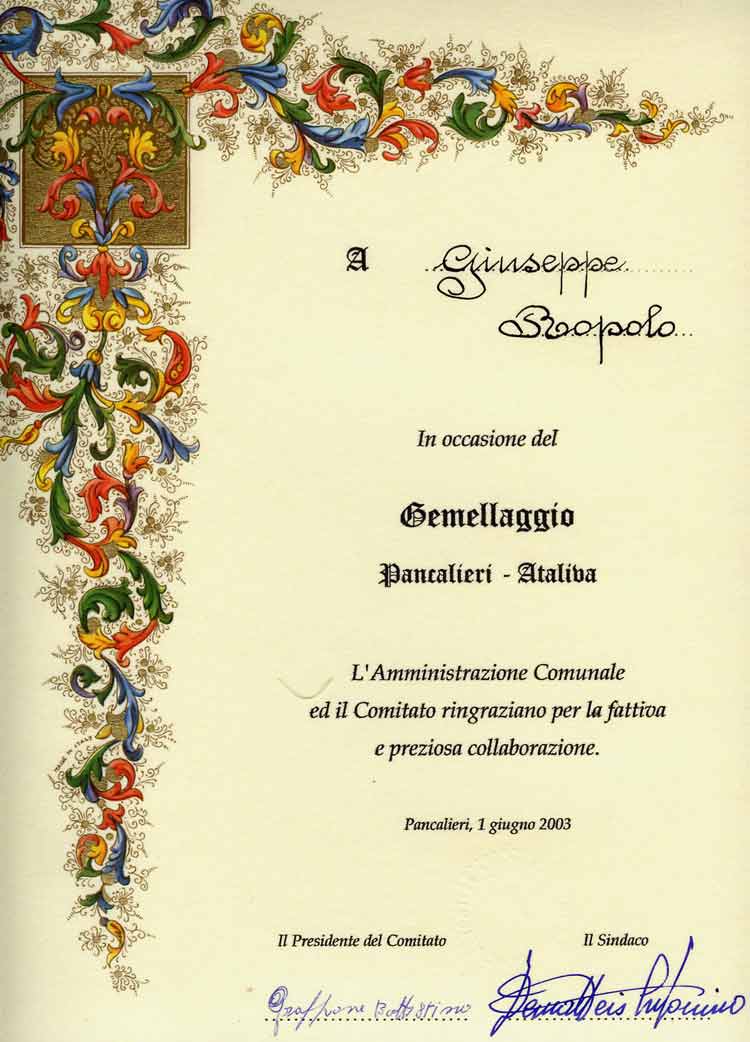 Diploma entregado a Giuseppe Ropolo por el hermanamiento de Pancalieri con Ataliva (2003)