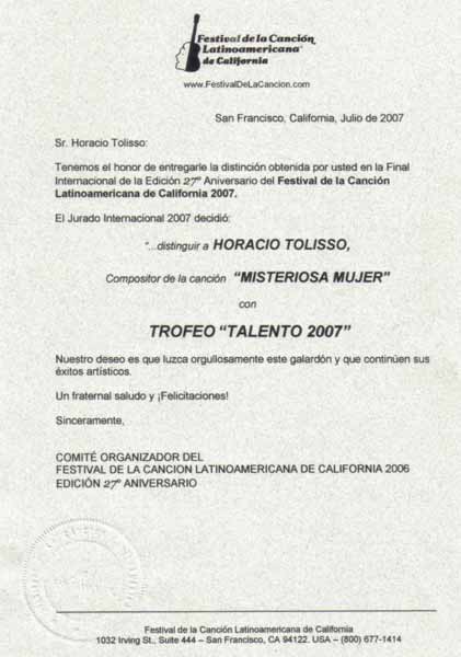 Distincin a Horacio Miguel Tolisso - Talento 2007 en el 27 Festival de la Cancin Latinoamericana de California (Jul/2007)