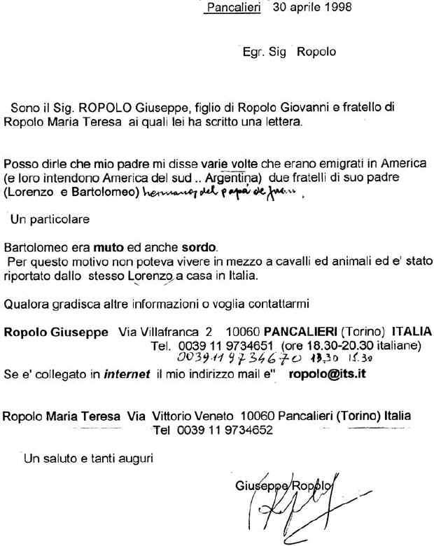 Carta de Giuseppe Ropolo a Ruben Manuel Ropolo (Ao 1998)