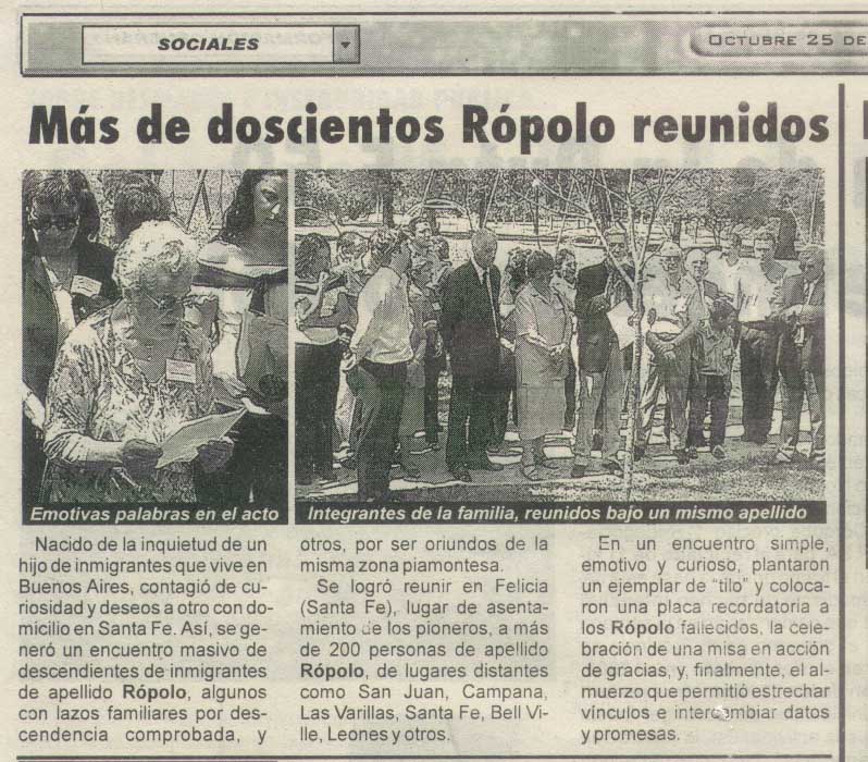 Publicaci�n del semanario Nuevo Dia del 25 de Octubre de 2002, sobre el primer encuentro de familias Ropolo
